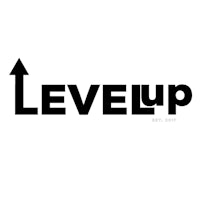 a black and white logo with the word level up